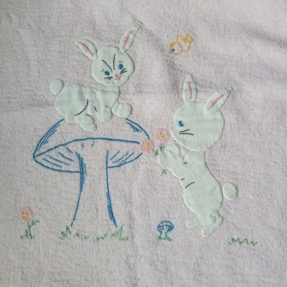 Vintage Pastel Pink Baby Blanket Applique Bunnies Mushroom Bird flower satin tri